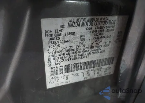 2002 Mazda Tribute Es V6/Lx V6 из США, поврежденный, VIN 4F2CU08192KM25951